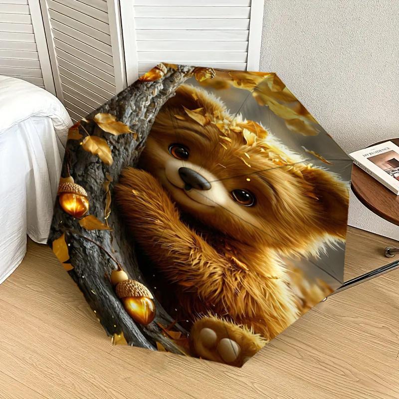 Autumn Leaf Teddy Bear with Acorns Umbrella with Foldable Design- Perfect for Outdoor, Folding Design, Iron Frame, Festival Gift, Suitable f