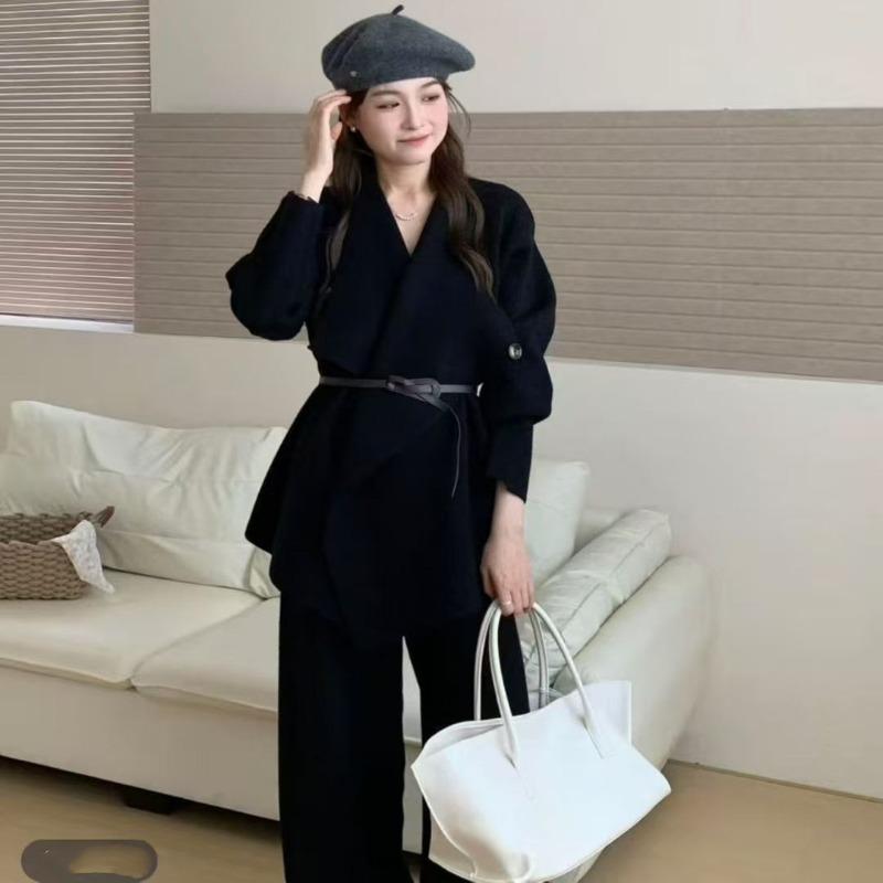 Lazy high-end large-size knitted suit for women's autumn and winter new large lapel sweater jacket wide-leg pants two-piece set for women