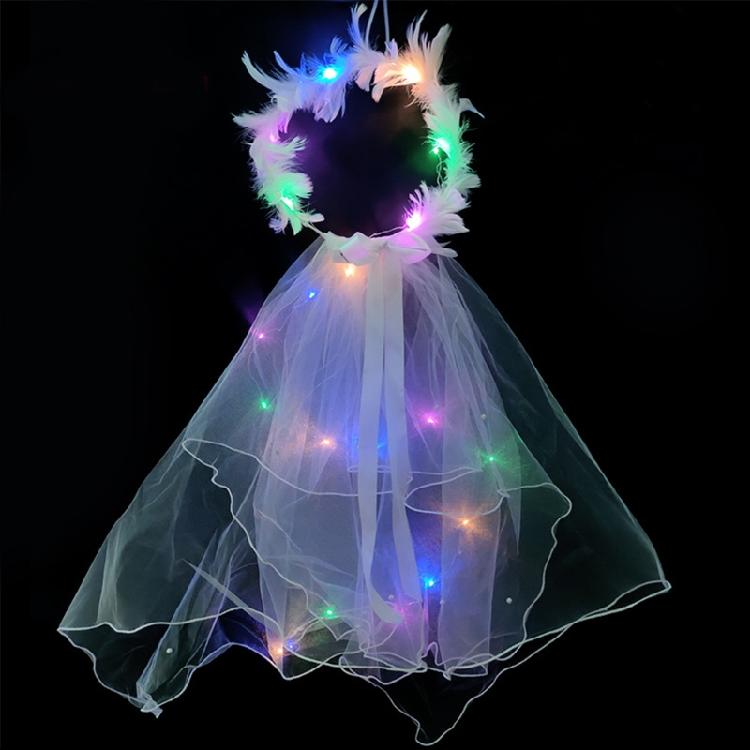 

Light Up Feather Wreath Veil Ribbon Bows Lace Veil with Lights Photo Props 1