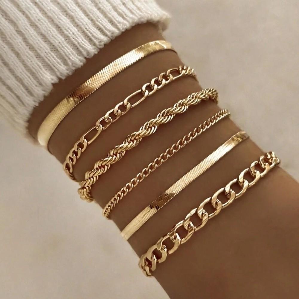 5/6Pcs Multi-layer Cuban Chain Bracelets Gold Color Metal Chain Bangles Chain Bracelet Set Jewelry