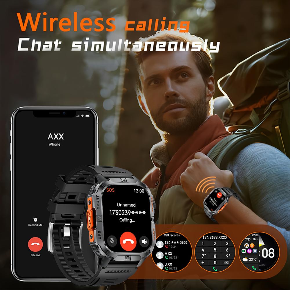2026 New Outdoor Military Men's Smart Watch Is Equipped with GPS LED Lighting Compass Wireless Communication IP68 Waterproof Smartwatch Music 540mah