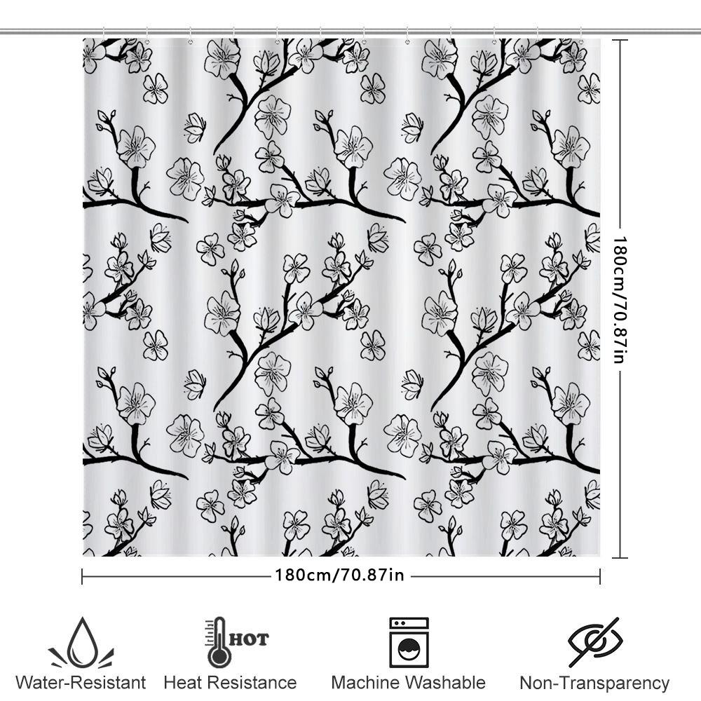Tenda da Doccia Floreale Modello Botanico Bianco Nero Arredo Bagno Rivestimento Impermeabile Stile Rustico Fattoria Natura Appeso Artistico a Parete