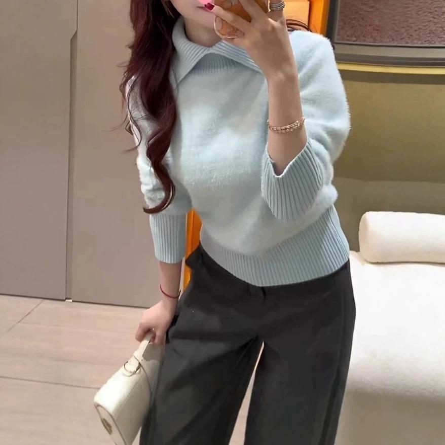 Women's Faux Mink Fur Knit Sweater: Soft, Fluffy Long Sleeve Lapel Pullover with Waist-cinching, Perfect for Autumn and Winter Commutes.