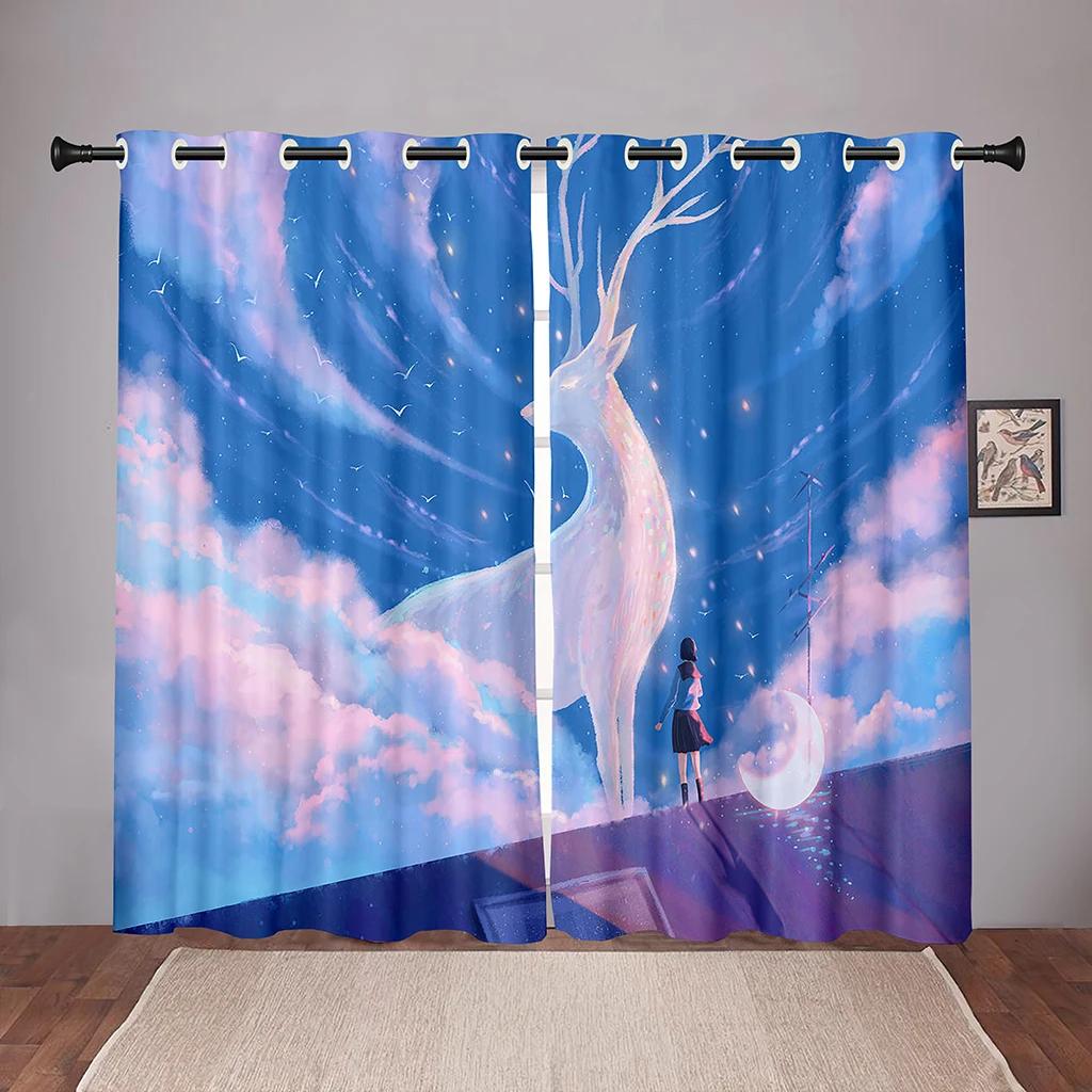 Animal Deer Forest Cartoon Dreamy Blackout Window Curtains for Bedroom Living Room Bathroom Kicthen Door Hall High Shading New