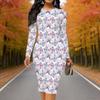 Women Plus Size Round Neck Long Sleeve Bodycon Midi Dress White Base Vibrant Multicolor Butterfly Print Pencil Dress