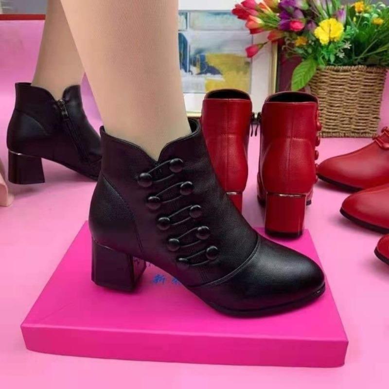 New Large-sized Women's Shoes, Mid-heel, Thick-heel, Pointed-toe Single Shoes