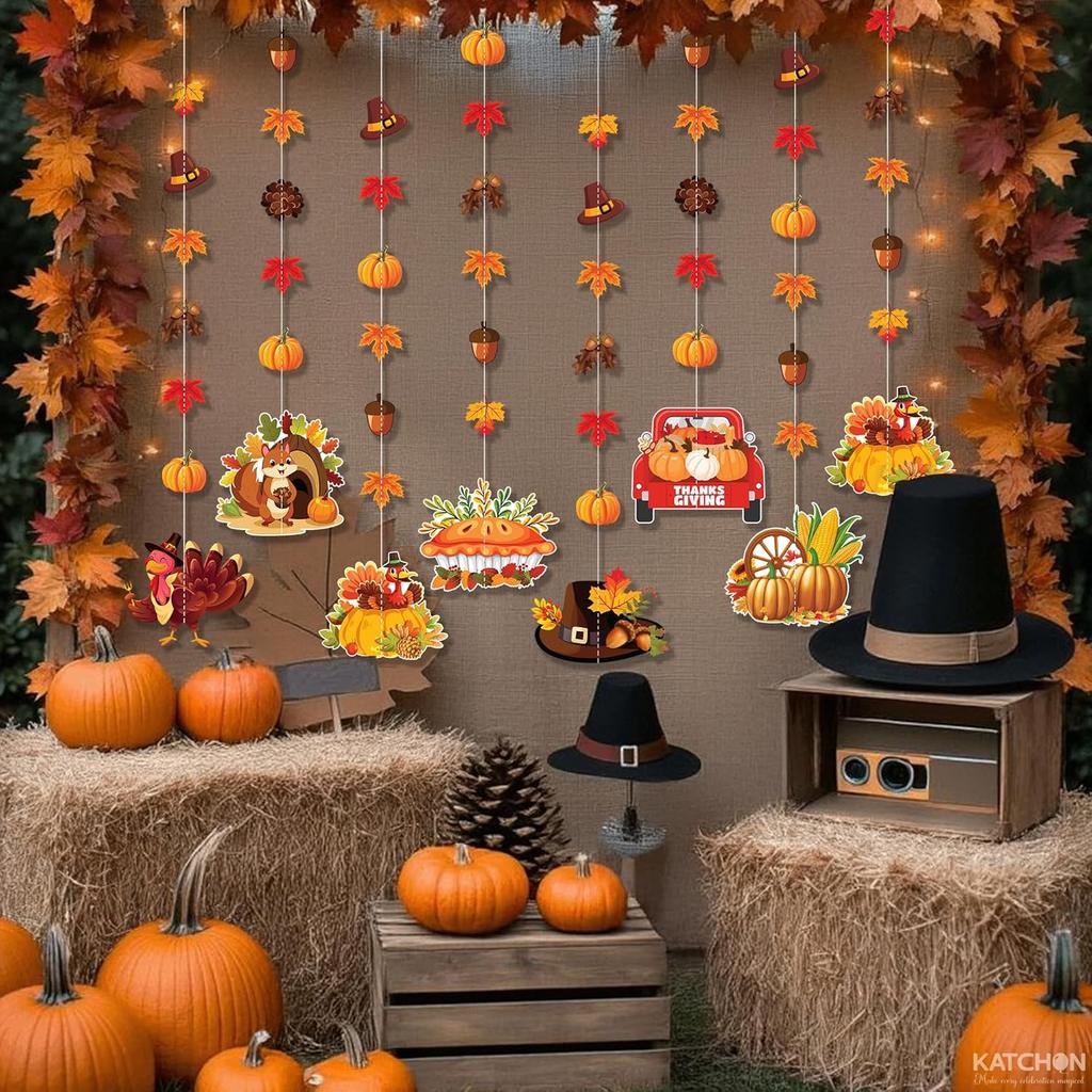 KatchOn, Happy Thanksgiving Hanging Garland - Pack of 8 | Fall Party Decorations, Thanksgiving Garland Ceiling Wall Hanging Decor for Home,