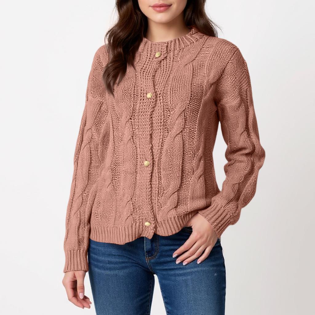 Damen Rundhals Langarm Zopfmuster Strickjacke Einfarbig Locker Gestrickte Strickjackenpullover Jacke