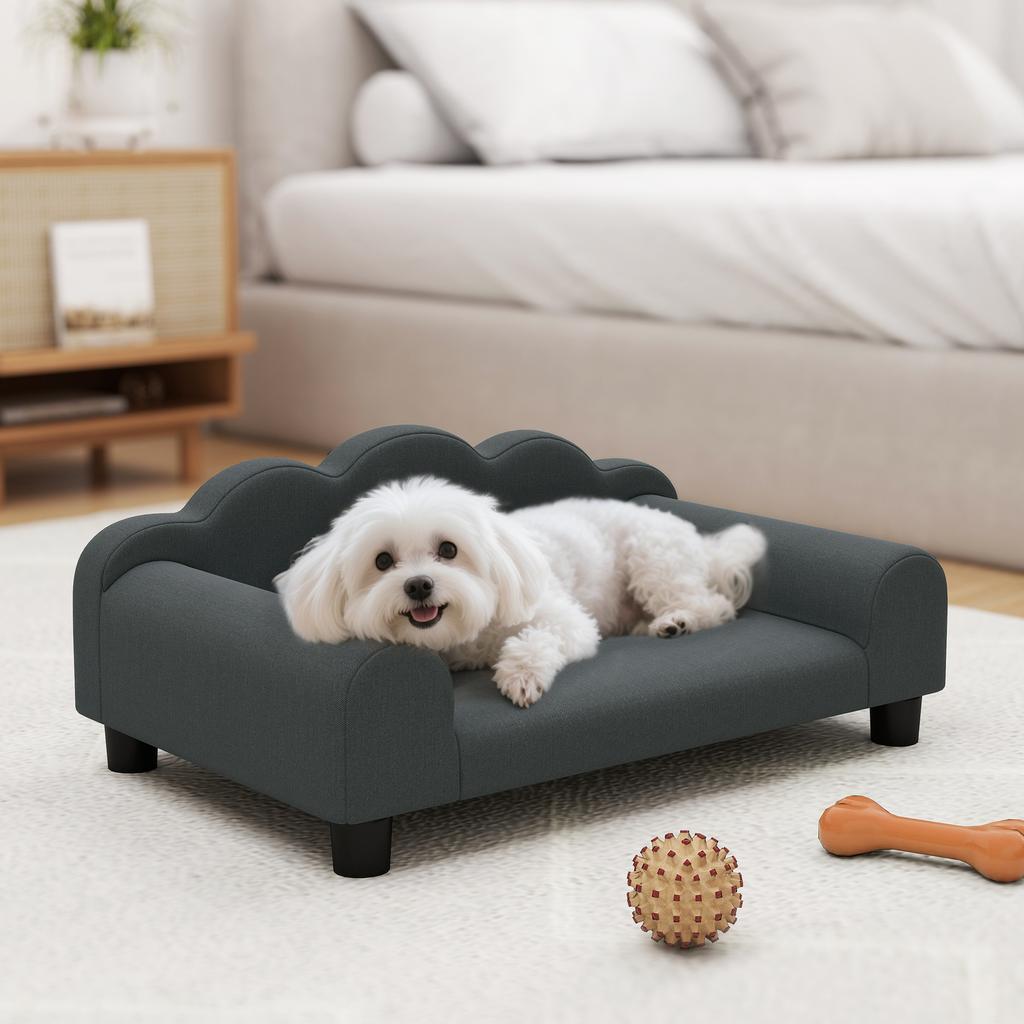 Dog Sofa with Support Armrests, Wooden Frame & French Terry Fabric, 66x42x28.5 cm, Dark Grey
