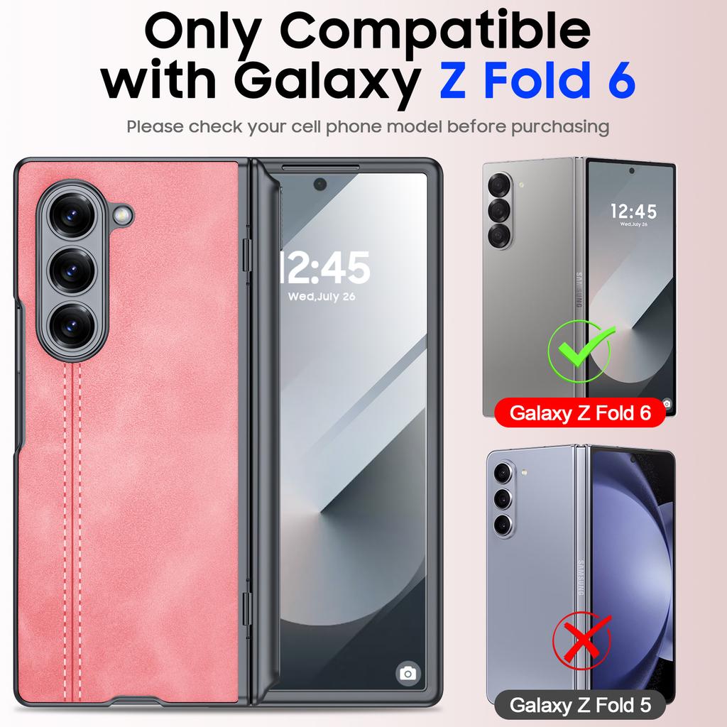 Protective Case with Hinge Protection S Pen Holder Built-in Screen Protector Leather Texture PC Cover for Samsung Galaxy Z Fold 6-Pink