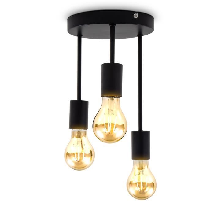 Plafonnier Rétro - B.K.Licht - 3 Flammes E27 - Noir Mat - Métal - Ø19 X H31 Cm