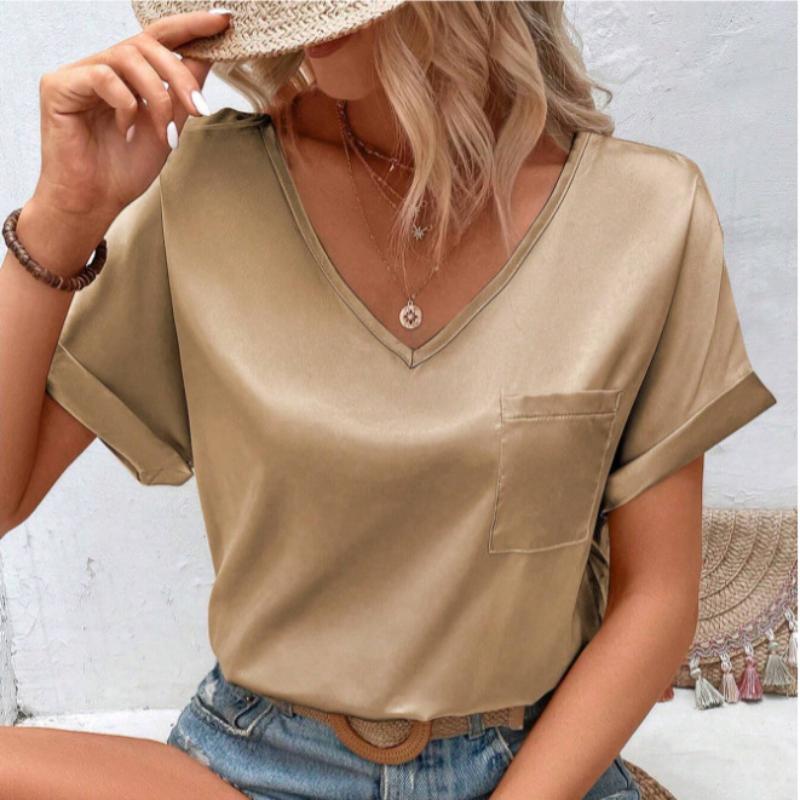 

GMXIA женские модные повседневные летние однотонные блузки и рубашки с v-образным вырезом и короткими рукавами с принтом XL хаки