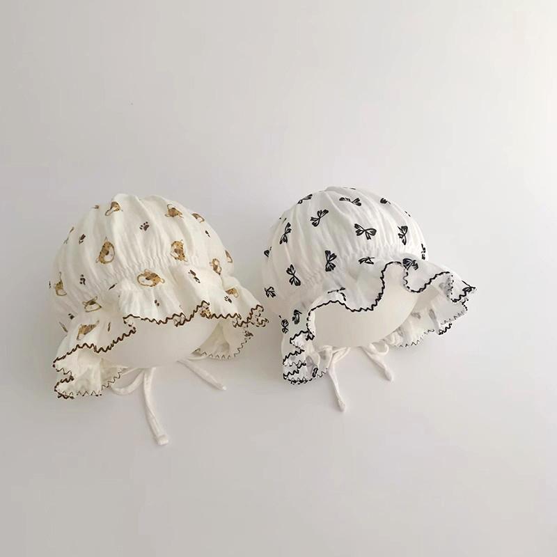 Summer Newborn Baby Hat Cute Bear Rabbit Flower Print Beanie Cap for Baby Girl Soft Cotton Lace-up Infant Princess Caps Bonnet