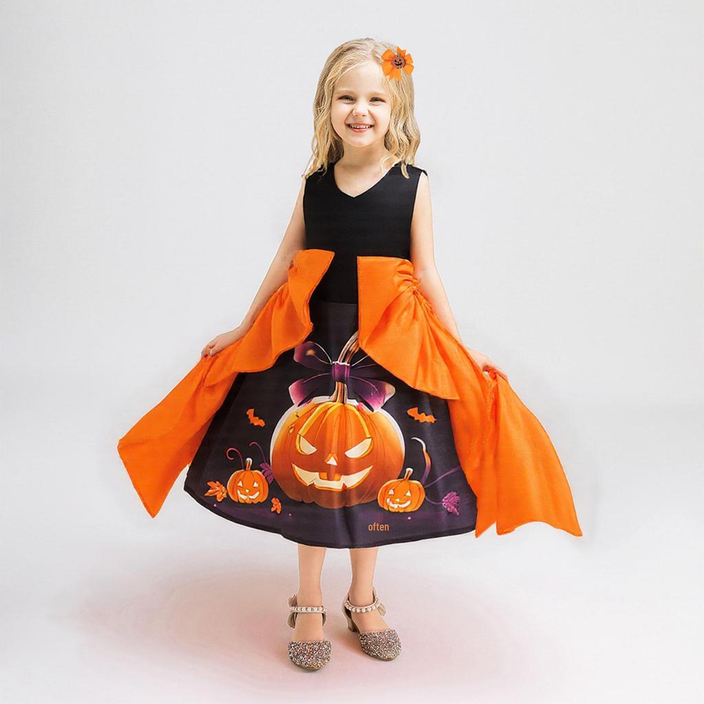 Halloween Witch Costume for Kids - European & American Style Cosplay Dress with Pumpkin Print