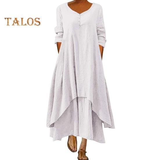 

Женское макси-платье с карманами, рукавами девятой длины, круглым вырезом, неровным многослойным подолом, пляжное платье больших размеров, свободное однотонное платье для свиданий, повседневная одежда XXXL белый