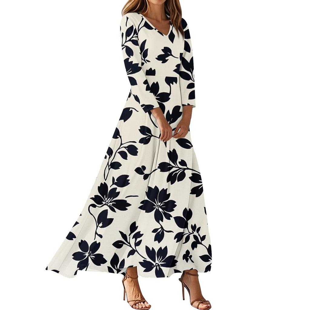 Vestido de Mujer de Manga Tres Cuartos, Estampado Floral Moderno, Holgado, Casual, Cómodo