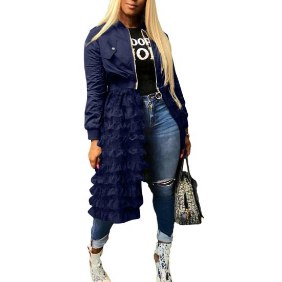 Fashion Women Autumn Long Sleeve Zipper Jacket Lacework Mesh Midi Dress Coat