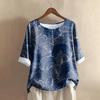 Women's Casual Mid-sleeve Round Neck Retro Floral Print Cotton And Linen Top