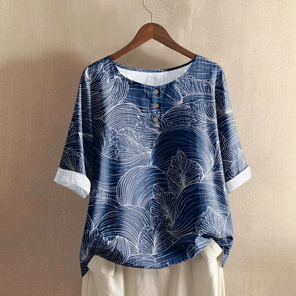 Women's Casual Mid-sleeve Round Neck Retro Floral Print Cotton And Linen Top