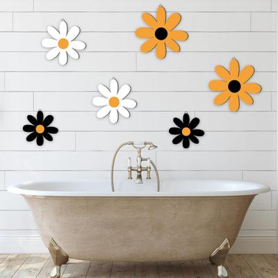 6 Stück/Set Rustikale Holzblumen Wanddekoration Handgefertigt Schwarz Gelb Weiß Blumige Wandkunst Heim Büro Wohnzimmer Schlafzimmer Wandbehang Ornament