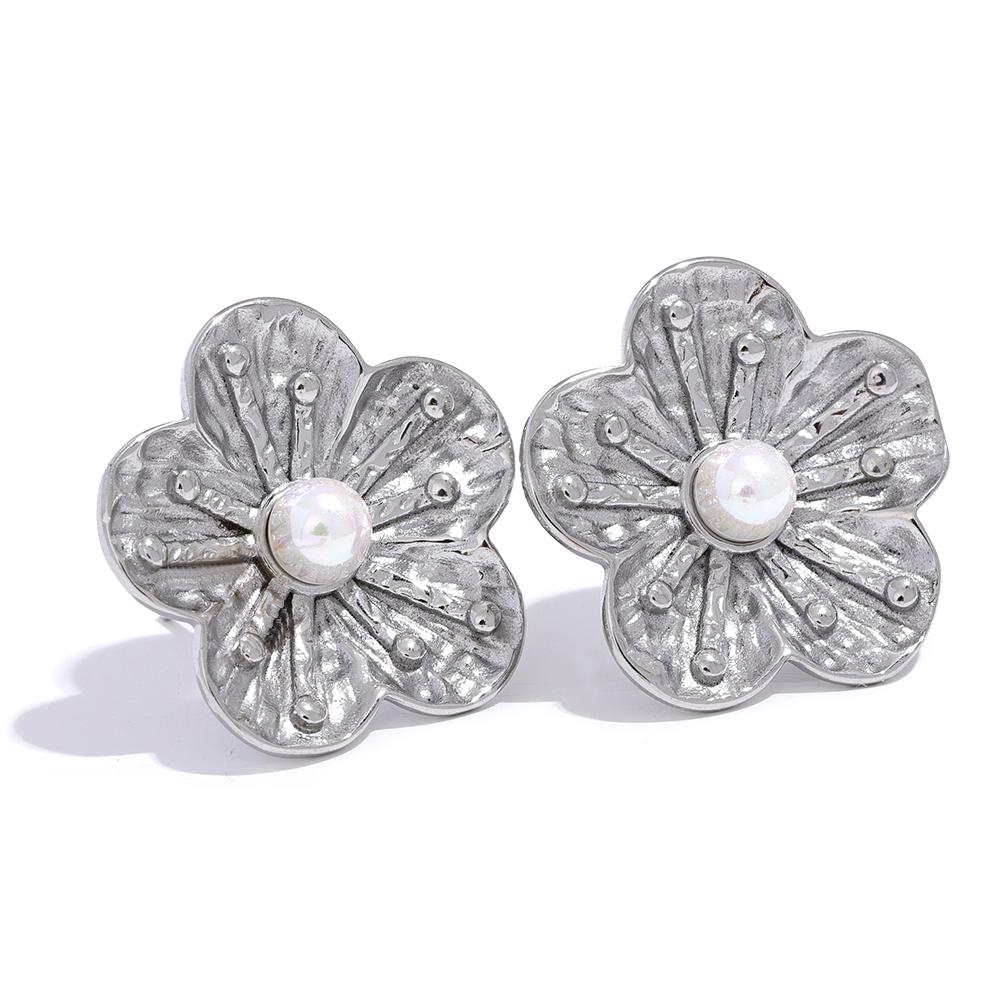 

Yhpup Fashion Flower Imitation Pearls Stud Earrings Stainless Steel Waterproof Jewelry Women 18K PVD Plated Stylish Bijoux Gift