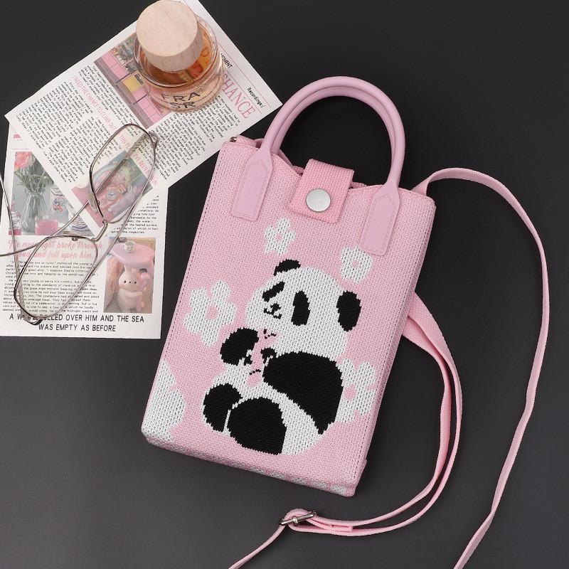 Playful Print Panda Knitted Handbag Stylish Small Crossbody Purse Perfect For Casual Outfits