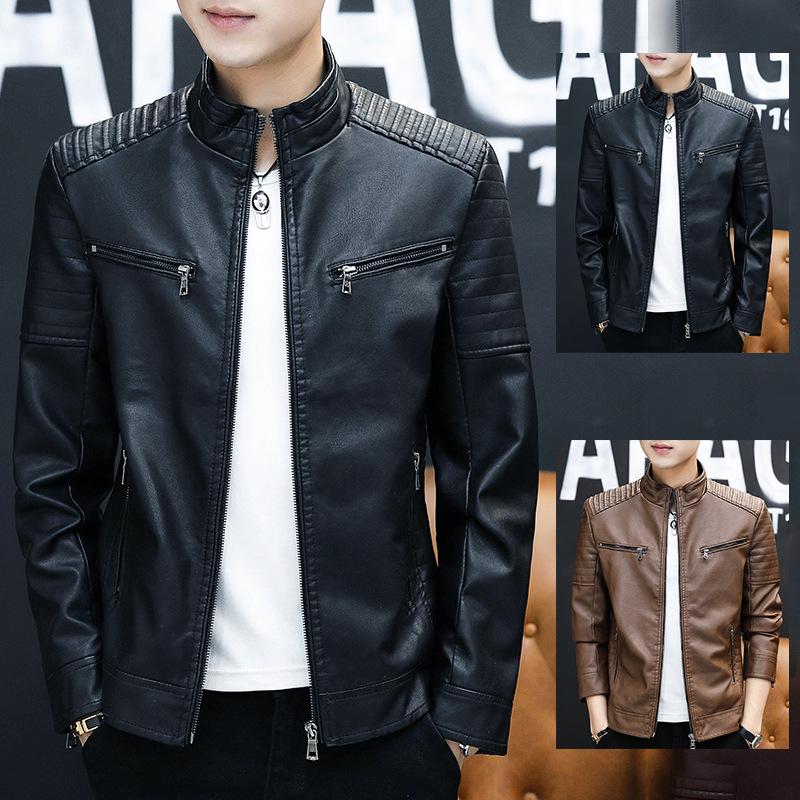 Men's Slim Fit PU Leather Jacket - Spring/Autumn Korean Style Stand Collar Outerwear