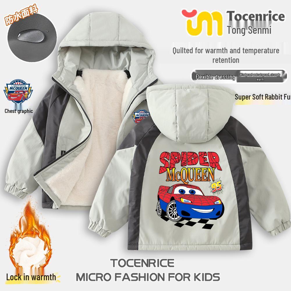 Zimowa Kurtka Chłopięca Błyskawica McQueen, Ciepła Pikowana Kurtka Zewnętrzna z Kapturem i Podszewką z Pluszu.