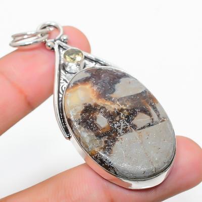 Natural Septerian Stone, Citrine Gemstone 925 Sterling Silver Pendant 2.64" L6w62