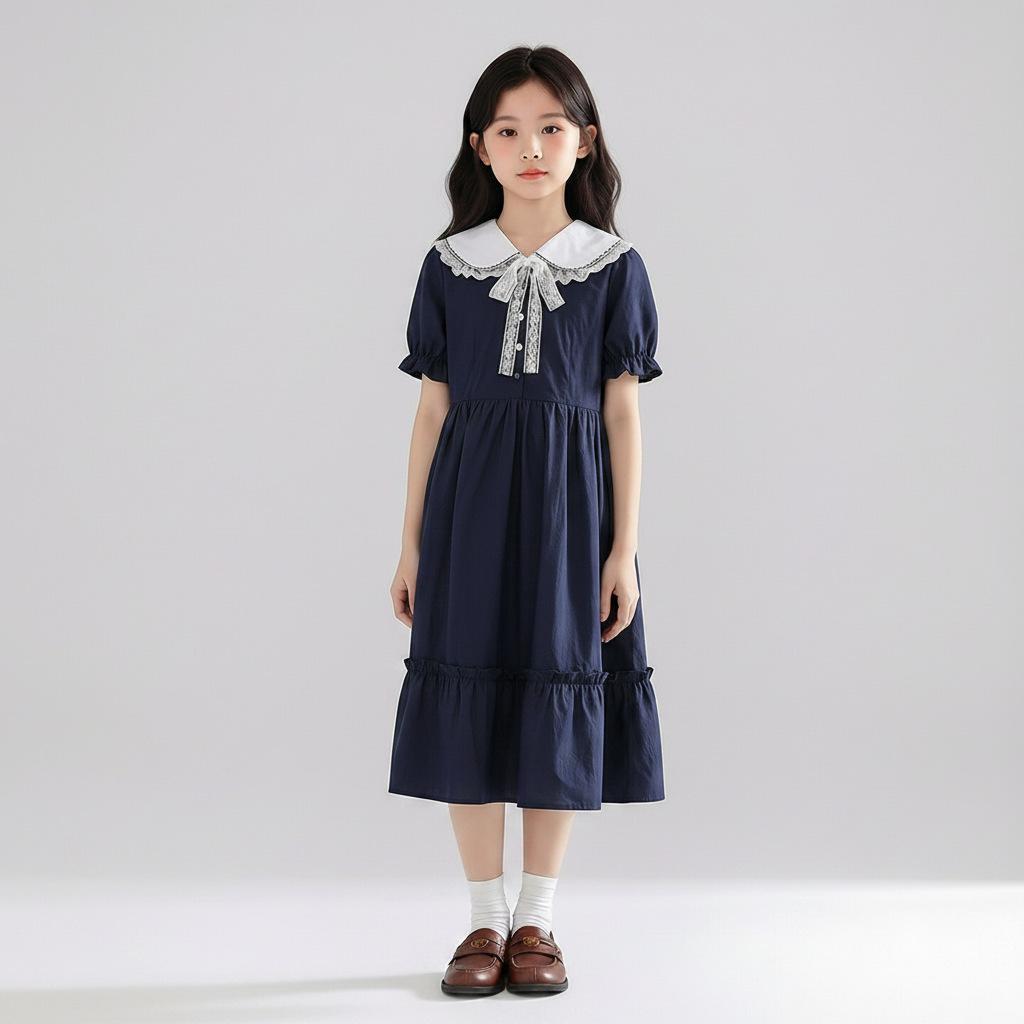 Girls' Summer Fashion Dress - Doll Collar Short Sleeve Midi Princess Style
