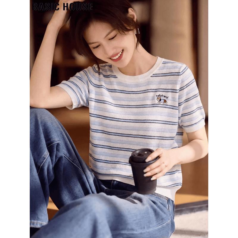 Basic House Women s Striped Tencel Knit Top XL