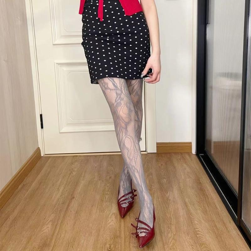 Women See Through Fishnet Mesh Pantyhose Stockings Aesthetic Elegant Hollowed Out Plant Flower Patterned Tights Leggings