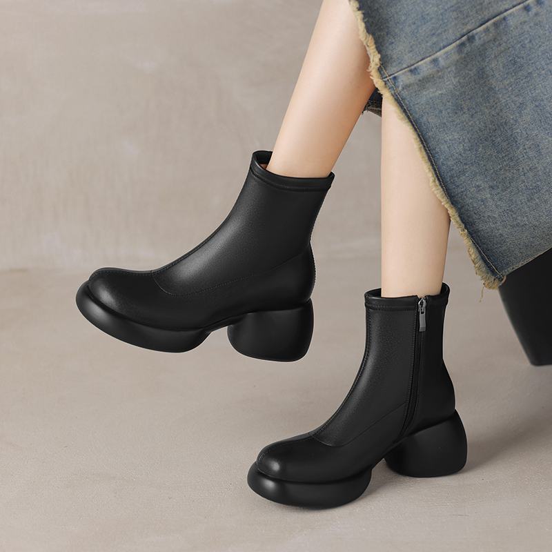 Krazing Pot Microfiber Winter Round High Heels Western Boots Women Zipper Size 43 Street Wear Platform Ankle Boots