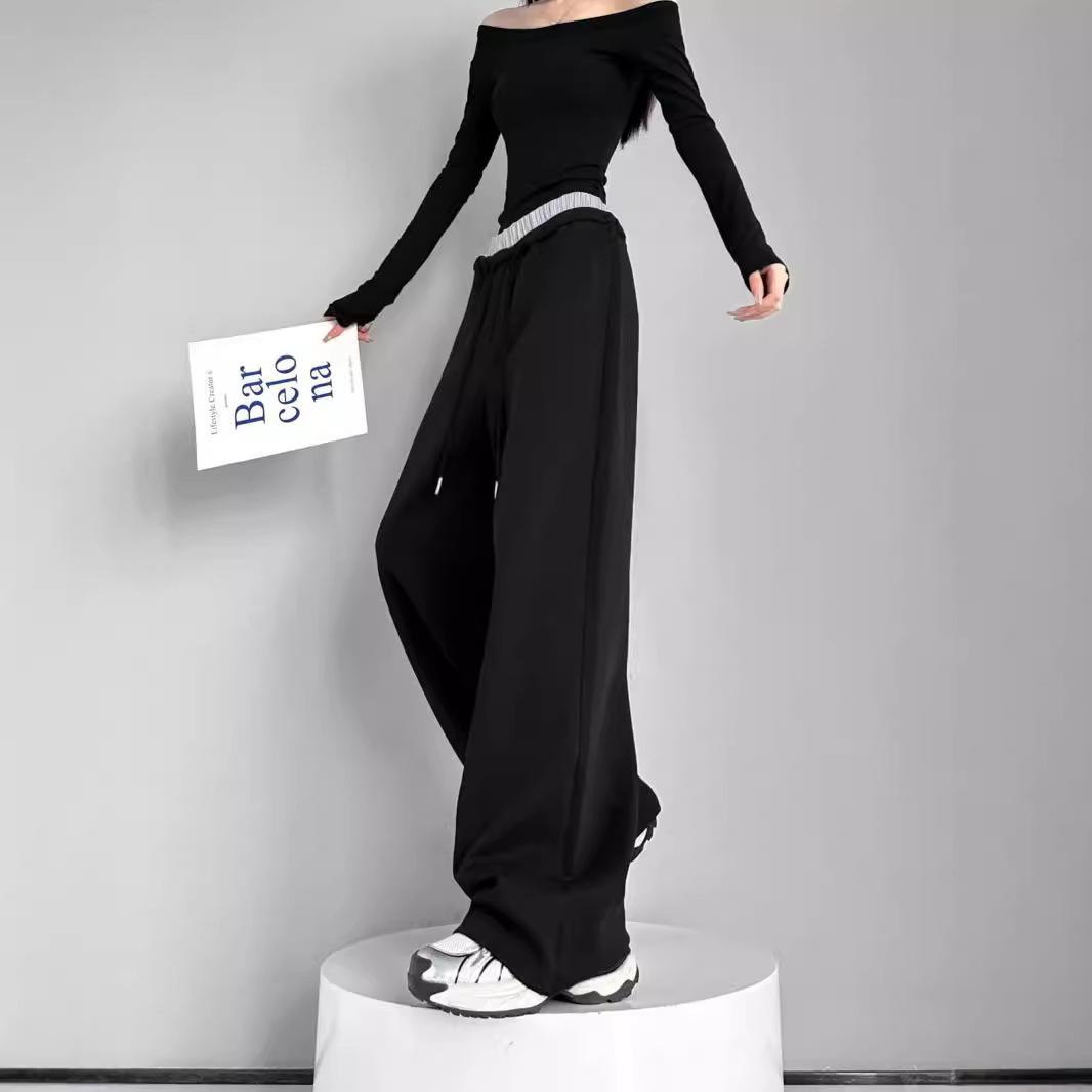 

Спортивные брюки для женщин с динамичным женским дизайном, осень, новый стиль, контрастная талия, поддельные брюки из двух частей, свободные широкие брюки XL