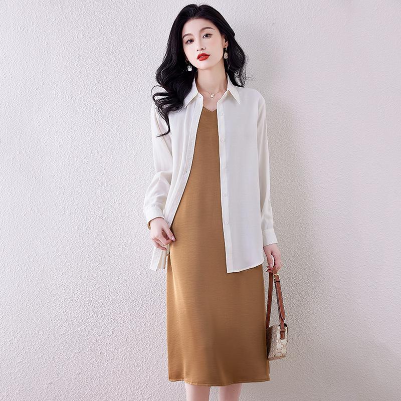 Satin V-neck Suspender Dress Women's Spring and Summer Sleeveless Solid Color Vest Long Dress Small Black Dress