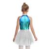 Girls Alien Costume Sequins Shiny Metallic Halter Sleeveless Built-In Crotch Press Buttons Briefs Mesh Tutu Dress
