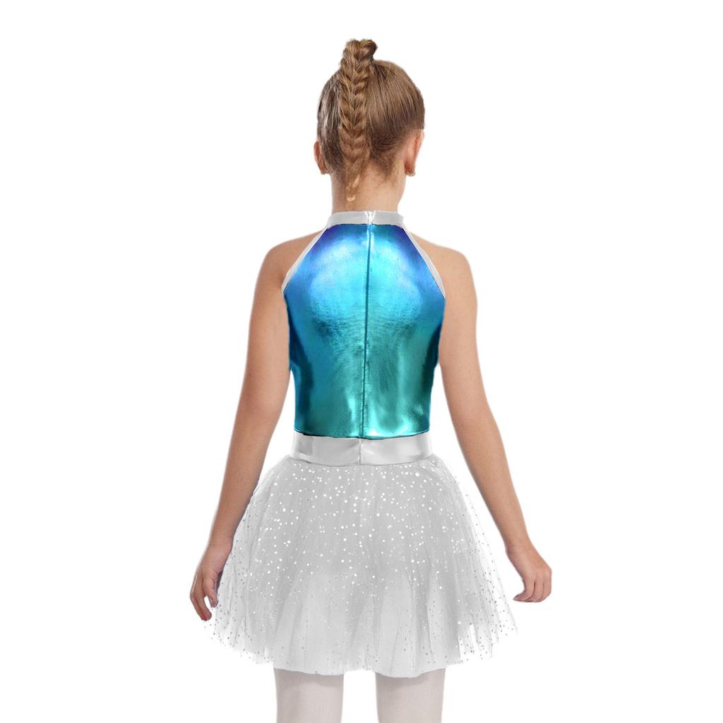 Girls Alien Costume Sequins Shiny Metallic Halter Sleeveless Built-In Crotch Press Buttons Briefs Mesh Tutu Dress