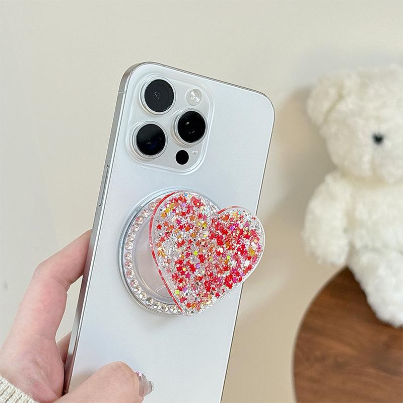 Elegant Sequins Heart Phone Holder: Women's Magnetic Ring & Stand for TV Viewing
