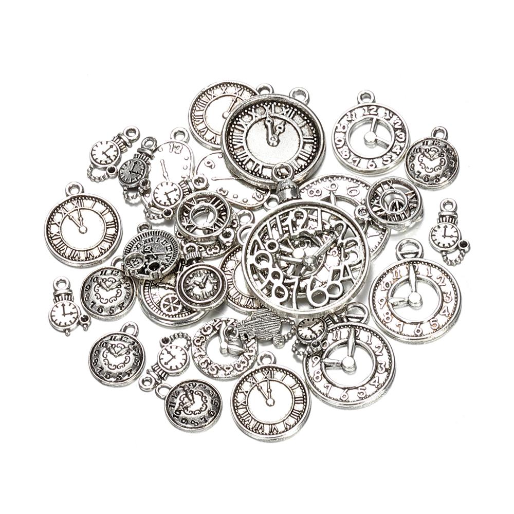 

50g 100g Mixed Charms Pendants Zinc Alloy Clock Bell Vintage Antique Bronze for Bracelets Necklace DIY Jewelry Making Handmade Weight 50g античний срібного кольору