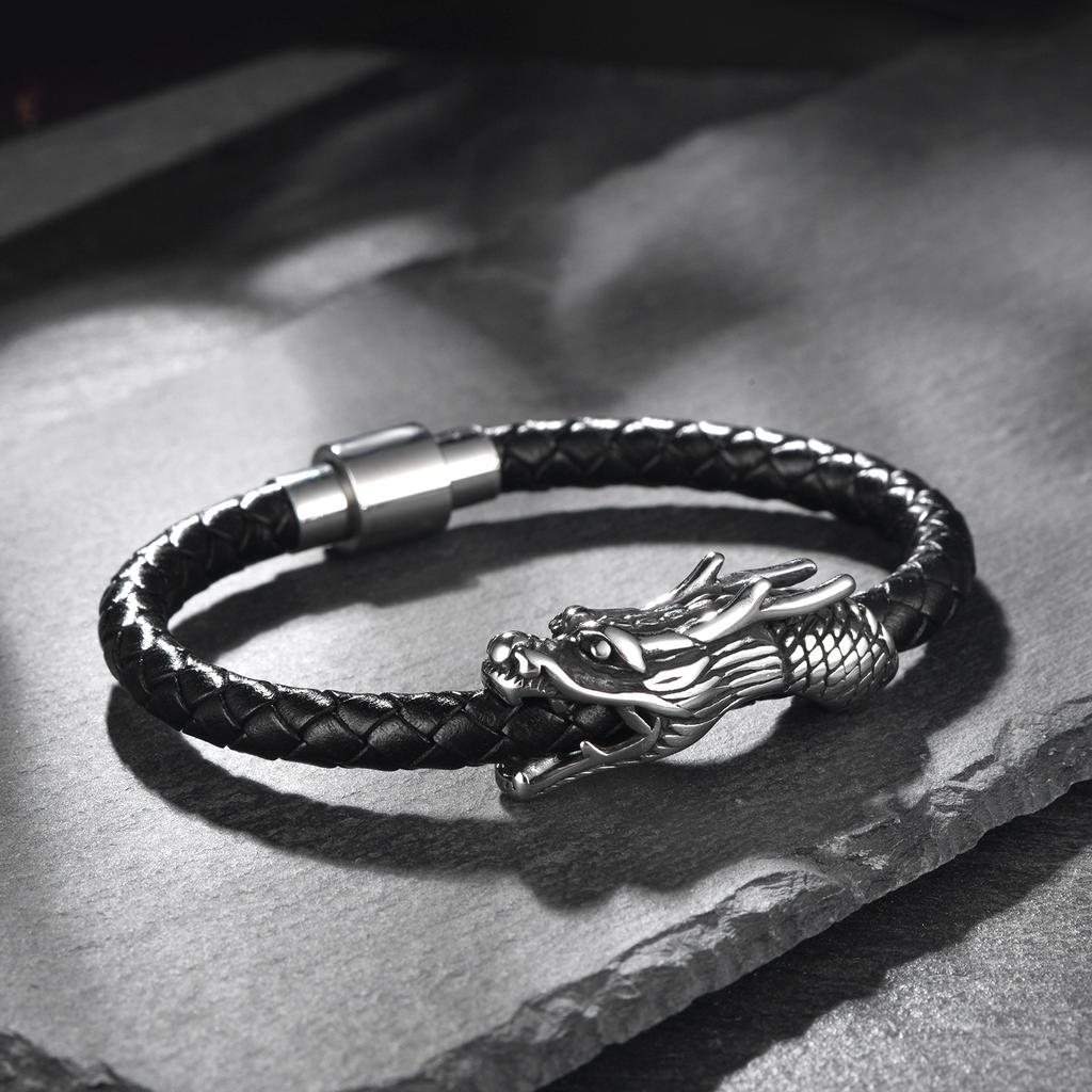 Personalized Zodiac Dragon Bite Tail Bracelet Leather Rope Woven Men's Stainless Steel Faucet Leather Bracelet