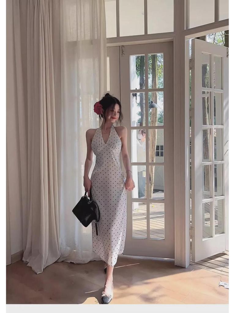 Women's 2025 French Seaside Halter Backless Polka Dot Maxi Dress