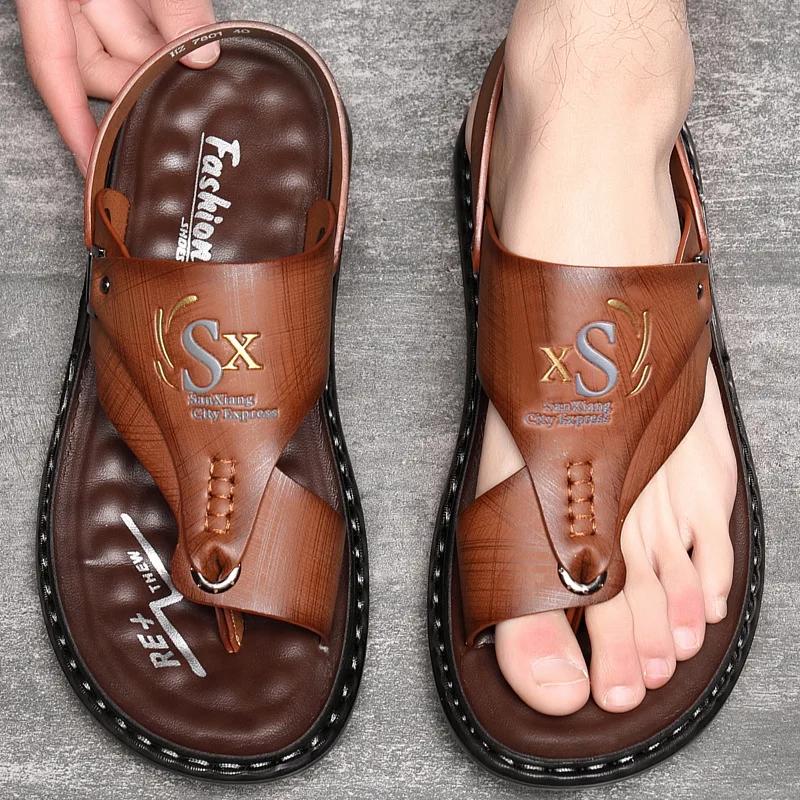 High Quality Men's Leather Casual Sandals Outdoor Non Slip Beach Shoes Summer Pinch Toe Flip Flops Footwear