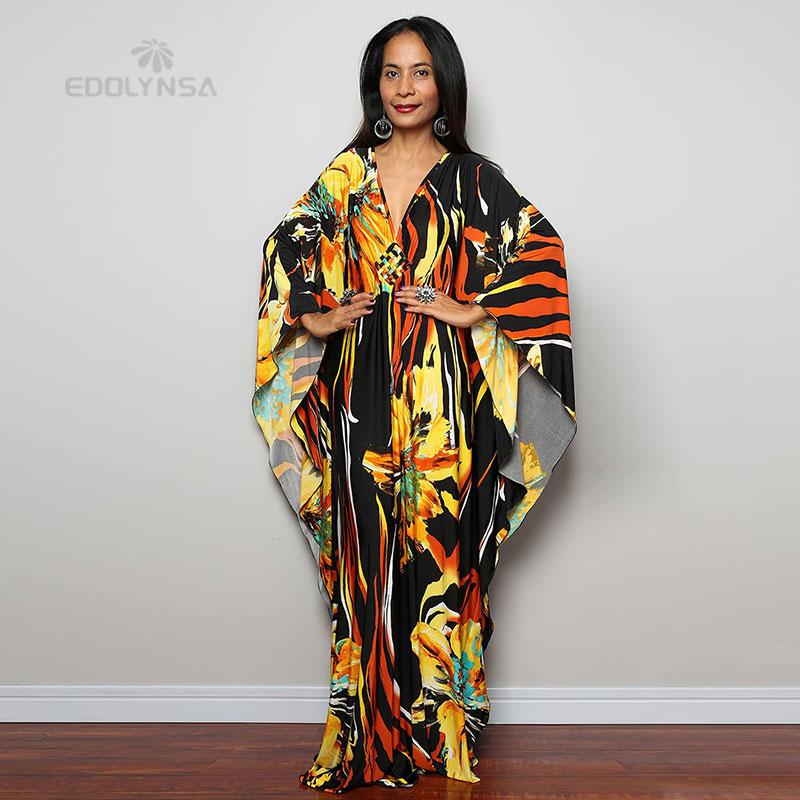 2022 Potisk přikrývky Sexy Hluboké letní plážové šaty s výstřihem do V Tunika Kaftan Ženy Plážové oblečení Plavky Zahalovací župan De Plage Q1289