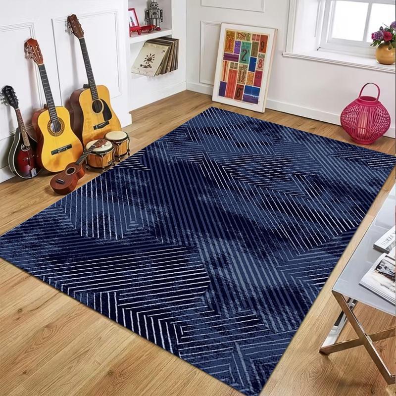 Modern Navy Blue Geometric Print Non-Slip Area Rug Washable Absorbent Living Room Rug for Home Bedroom Kitchen Bathroom Decor