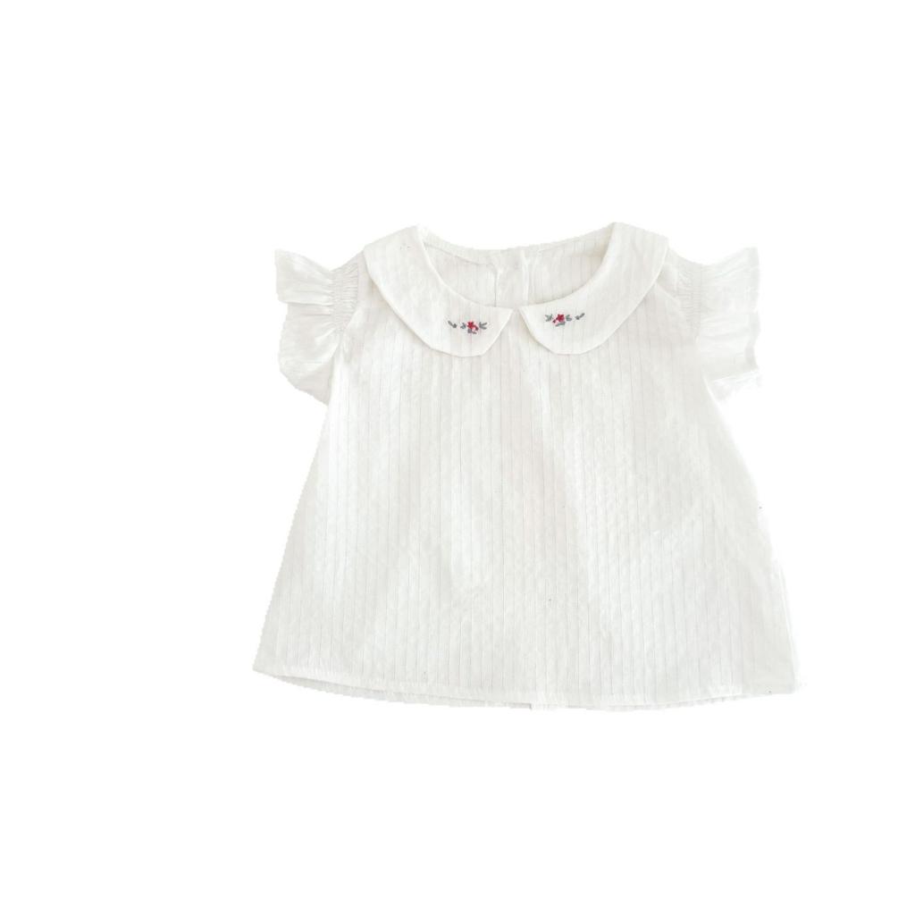 Girls Summer Hollow Out Jacquard Cotton Top Soft Breathable Flutter Sleeve Collar Embroidered Blouse