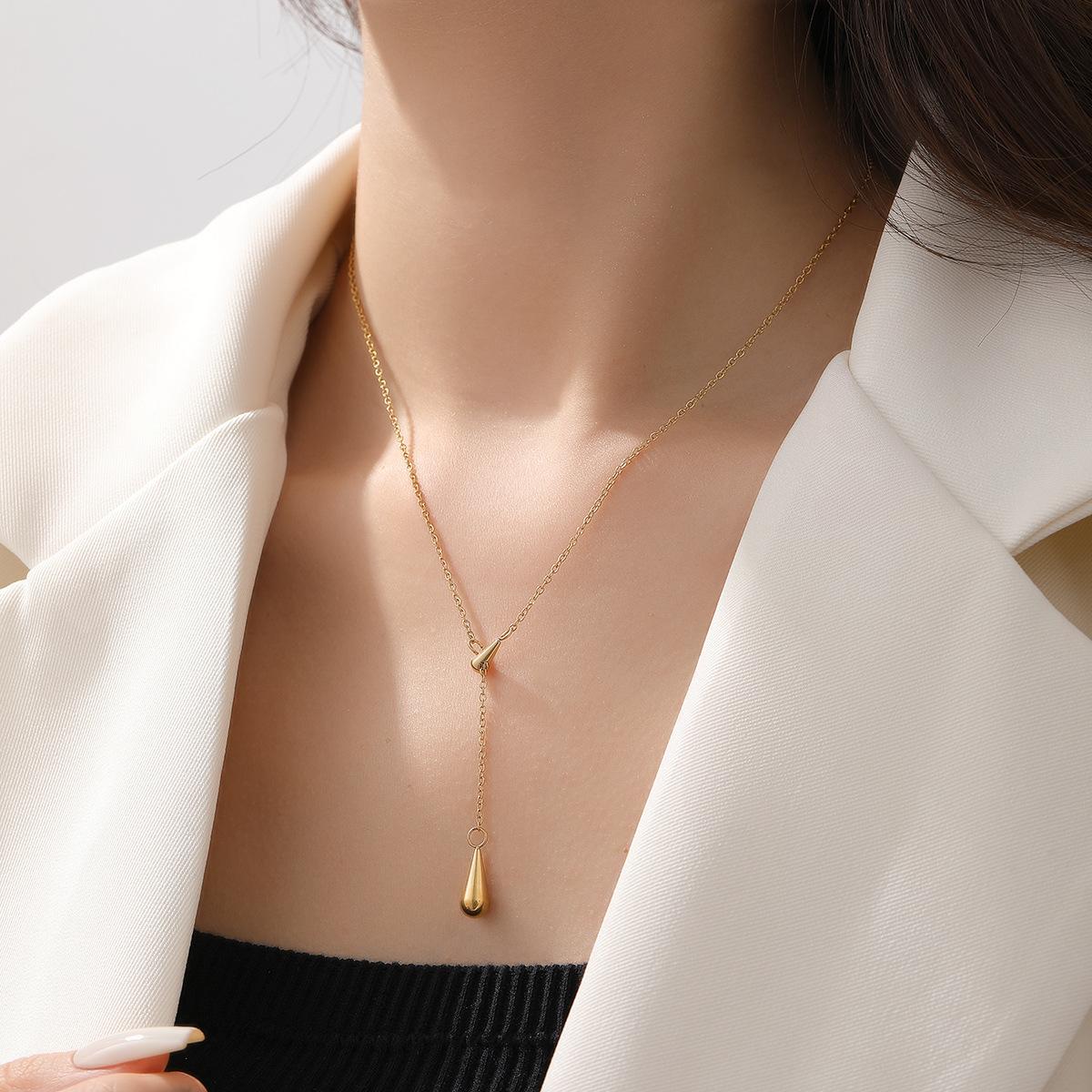 

LATS 18K Gold Plated Water Droplet Shape Minimalist Necklace for Women Stainless Steel Chain Dainty Everyday Zircon Gift 42cm