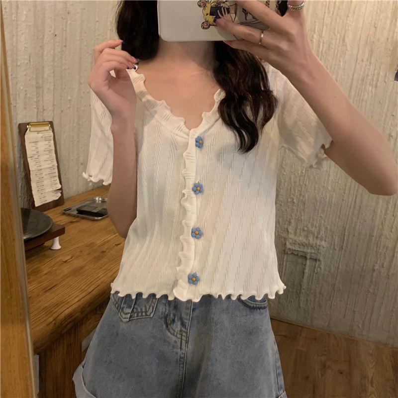 

Летний трикотажный кардиган с V-образным вырезом и оборками One Size белый