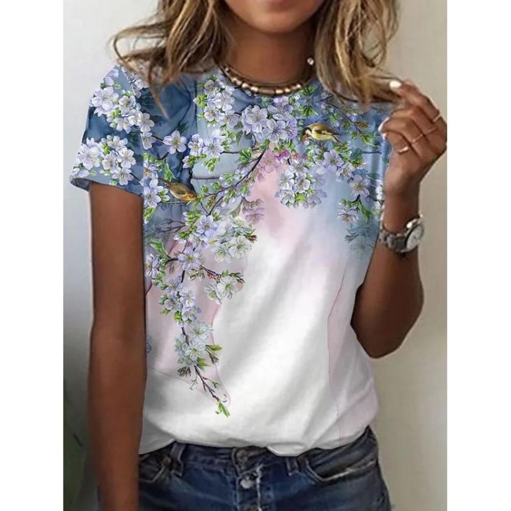 3D printed pattern T-shirt, summer and spring short sleeved round neck casual top, women's clothing