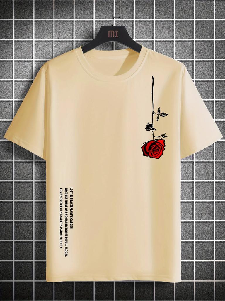 Summer new rose print men's T-shirt loose size 100% cotton rose print casual slim round neck short-sleeved T-shirt top