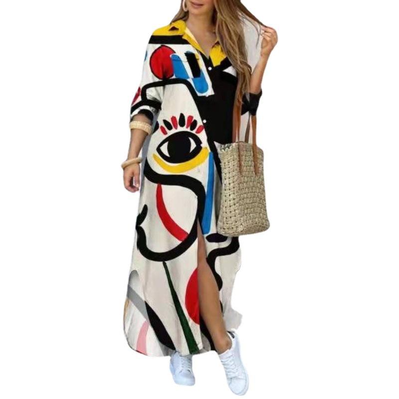 Women's Printed Maxi Shirt Dress Long Sleeve Button Front Casual Long Dress